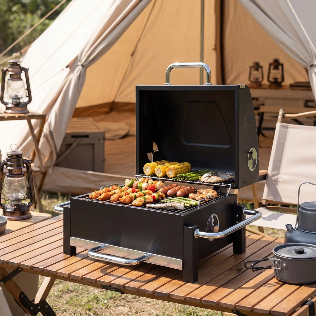 Outsunny Grătar Pe Cărbuni cu Orificii de Ventilație, Sertar pentru Cenușă, Grătar Portabil cu Termometru, Grătare, Capac, Mâner din Oțel Inoxidabil, BBQ pe Cărbuni pentru Grădină Camping, Negru | Aosom Romania