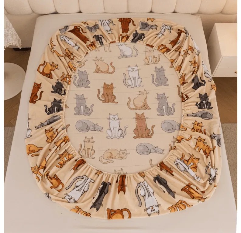 Cearsaf Cocolino microplus cu elastic COLORED CATS 90x200 cm crem