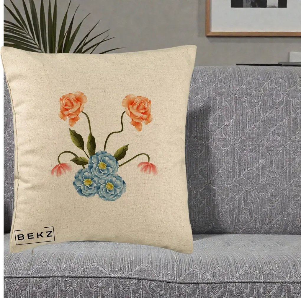 Perna Decorativa Trandafiri si Bujori Acuarela, 40x40 cm, Bej, Husa Detasabila, Perna Inclusa, BEKZ®