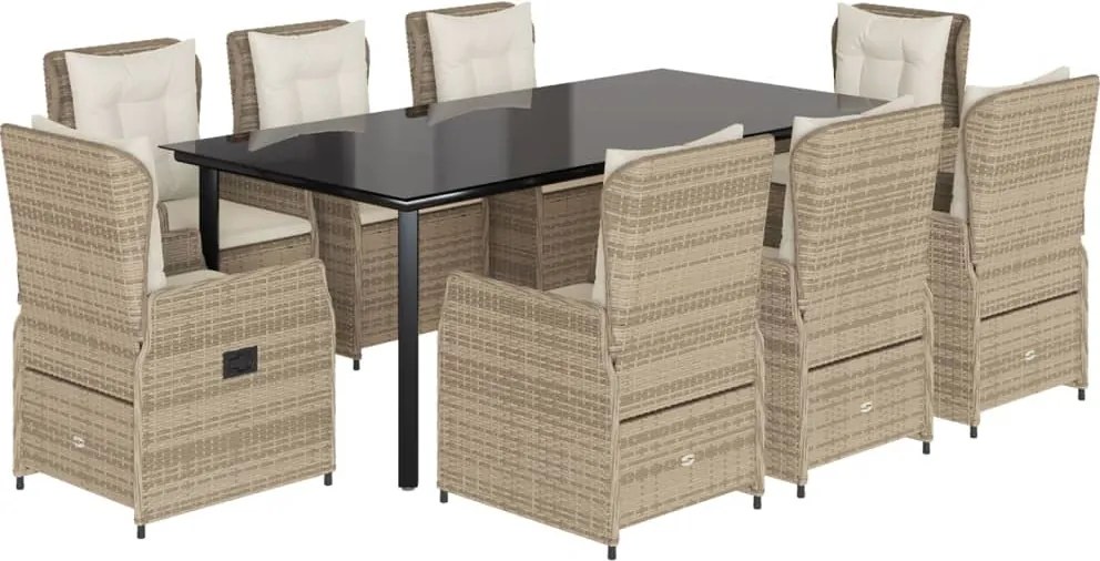 vidaXL Set de masă pentru grădină, 9 piese, cu perne, bej, poliratan