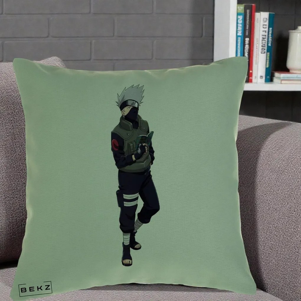 Perna Personalizata Naruto Kakashi Hatake Portret Complet, 40x40 cm, Verde, Husa Detasabila, Perna Inclusa, BEKZ®