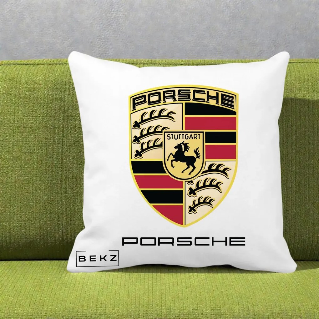 Perna Personalizata Porsche Stuttgart, 40x40 cm, Alba Mata, Husa Detasabila, Perna Inclusa, BEKZ®