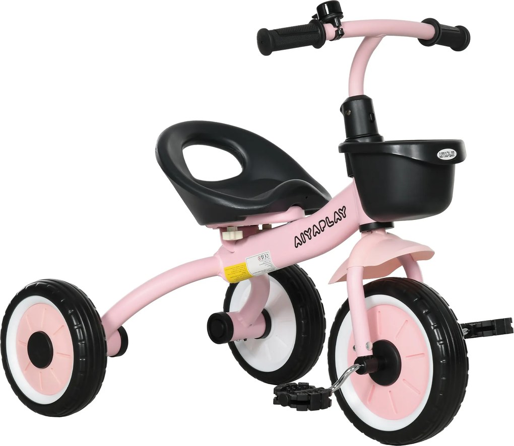 AIYAPLAY Tricicleta pentru Copii 2-5 Ani cu Scaun Reglabil, Bicicletă pentru Copii cu Coș, 70,5x53x58 cm, Roz | Aosom Romania