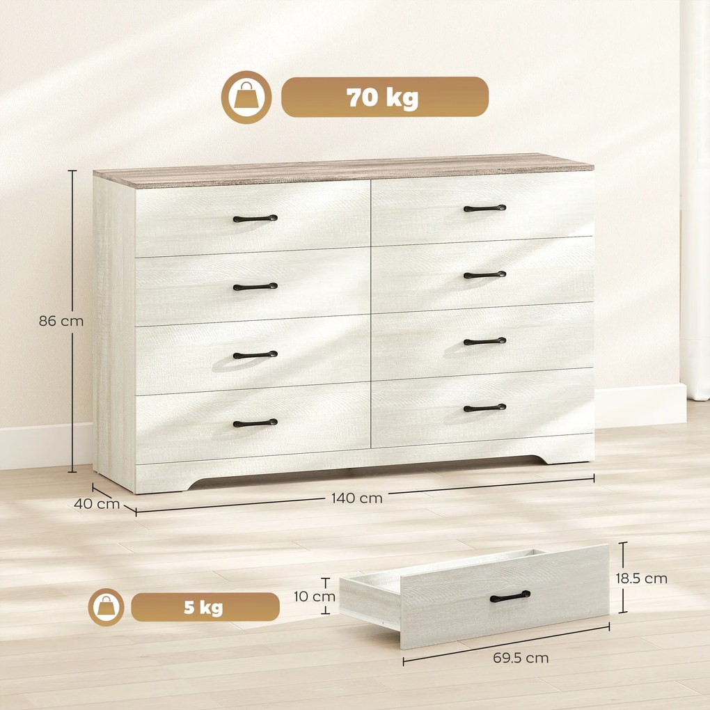 HOMCOM Comodă cu 8 Sertare pentru Dormitor, Modernă, cu Mânere, Spațioasă pentru Sufragerie, Cameră și Hol, 140x40x86 cm, Nuc și Gri Deschis | Aosom Romania