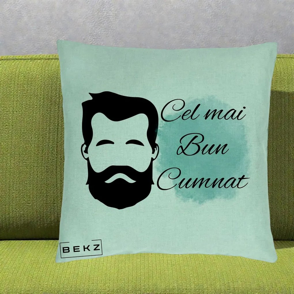 Cadou pentru Cumnat - Perna Personalizata Cel mai Bun Cumnat cu Portret Barbat si Pete Teal, 40x40 cm, Verde Menta, Husa Detasabila, Perna Inclusa, BEKZ®