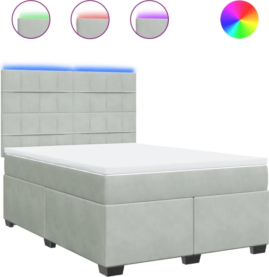 vidaXL Pat box spring cu saltea, gri deschis, 160x200 cm, catifea