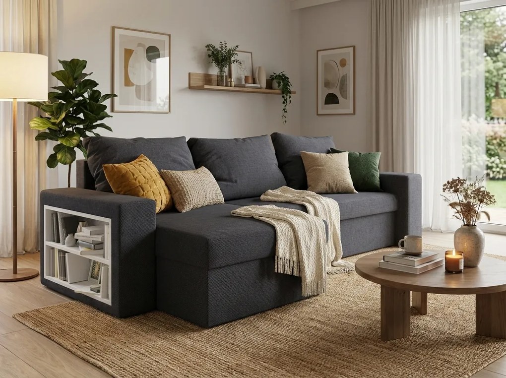 Canapea extensibila reversibila in forma de L NORIX 240x140 cm, gri inchis cu raft + 2 pernute GRATUIT