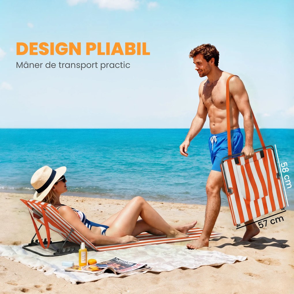 Outsunny Set 2 Șezlonguri Pliabile Portabile pentru Plajă, Spătar Reglabil, Portocaliu. | Aosom Romania