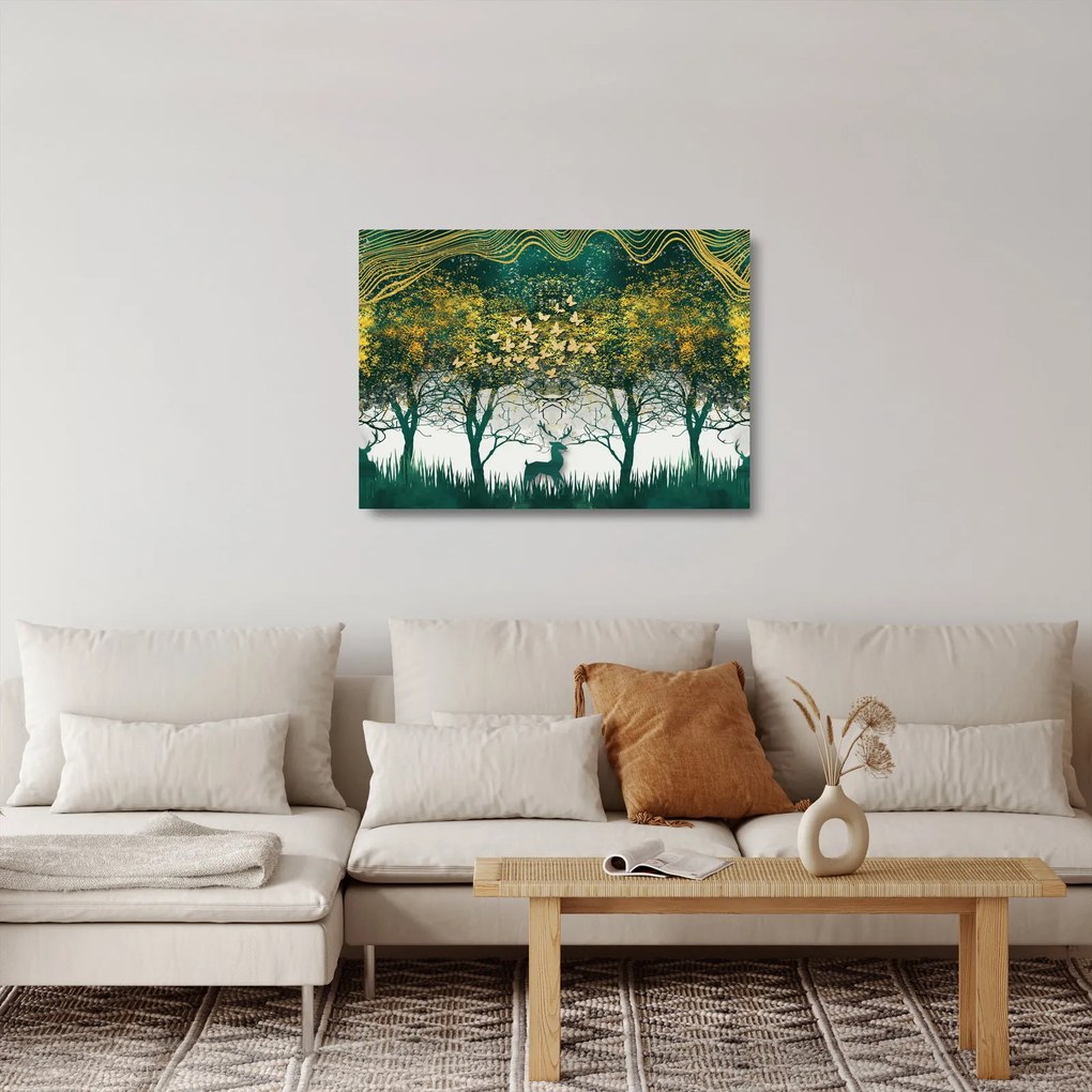 Tablou pe sticlă - Căprioare în pădurea verde (70x50 cm)