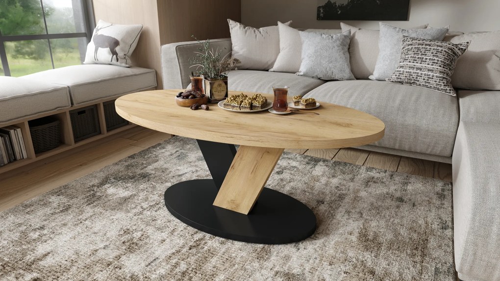 Mazzoni LOVA Stejar Craft Auriu/Negru - MĂSUȚĂ OVALĂ 110x60 cm MĂSUȚĂ DE CAFEA MODERNĂ