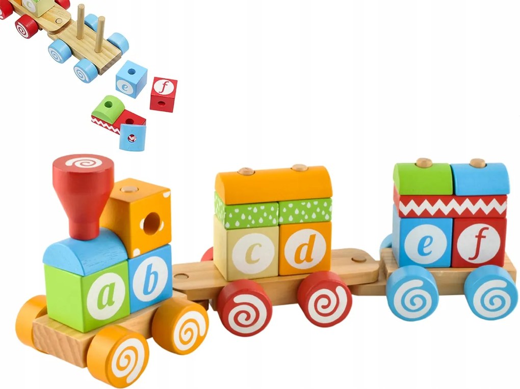 Set Trenulet Educational din Lemn Format din 18 Elemente Colorate pentru Copii