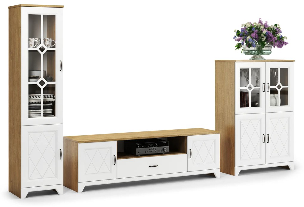 Mazzoni Mobilier dulap de perete PROVENZA Stejar Piatră/Alb Mat - COMODĂ MARE TV COMODĂ CU VITRINĂ PENTRU LIVING RETRO