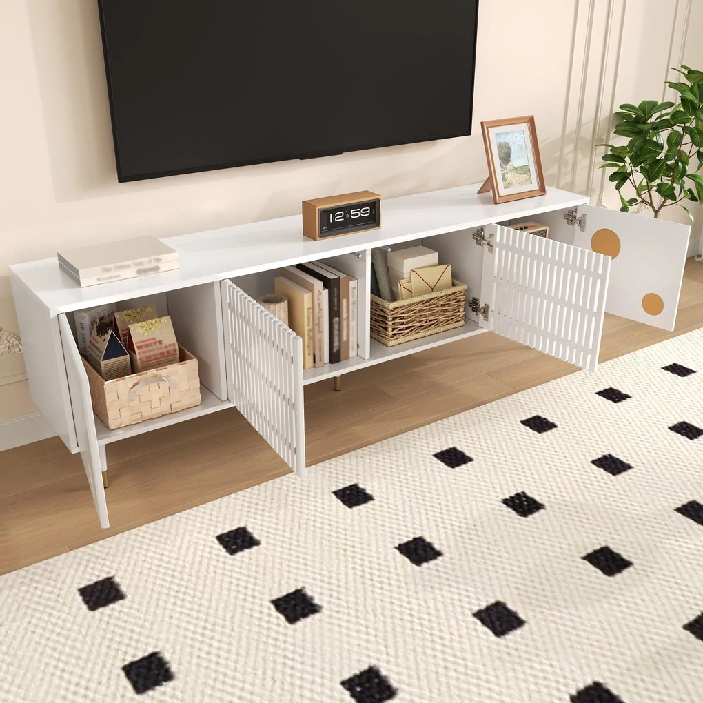 Comodă TV cu front din plasă metalică și accente aurii, 4 uși, 170x36x54 cm, Alb