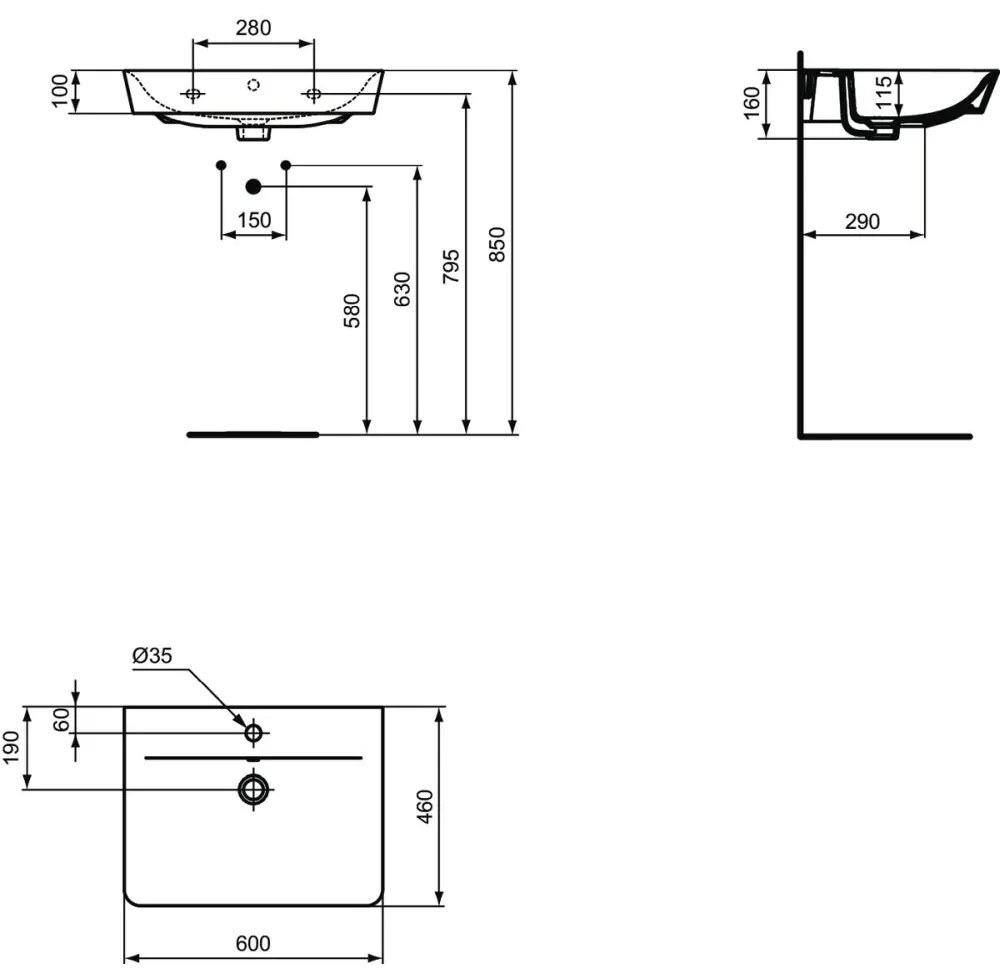 Lavoar suspendat negru mat 60 cm, orificiu baterie si cu preaplin, Ideal Standard Connect Air 600x460 mm