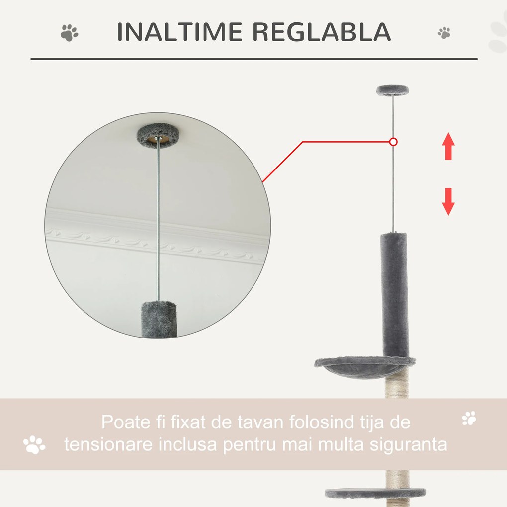 PawHut Ansamblu de Joaca Pisici pe mai multe niveluri cu Casuta si Suport pentru Zgarieturi Gri/Bej 60x40x280cm