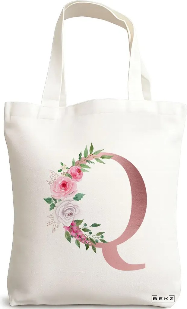 Sacosa de Panza pentru Cumparaturi, Geanta Tote, Cu litera Q Rose Gold si Trandafiri, 38x34.5 cm, Alba, BEKZ®