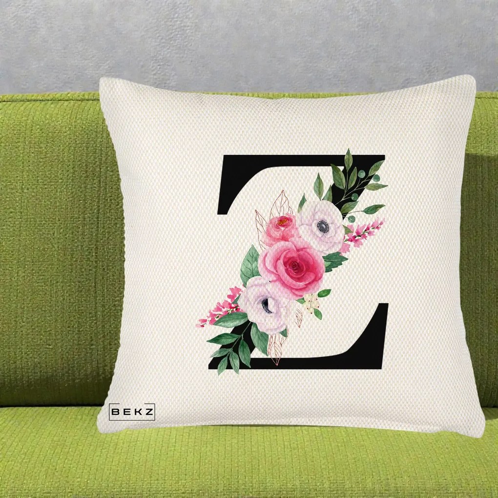 Cadou Personalizat - Perna Personalizata Monograma Florala Litera Z cu Buchet, 40x40 cm, Crem Reliefat, Husa Detasabila, Perna Inclusa, BEKZ®