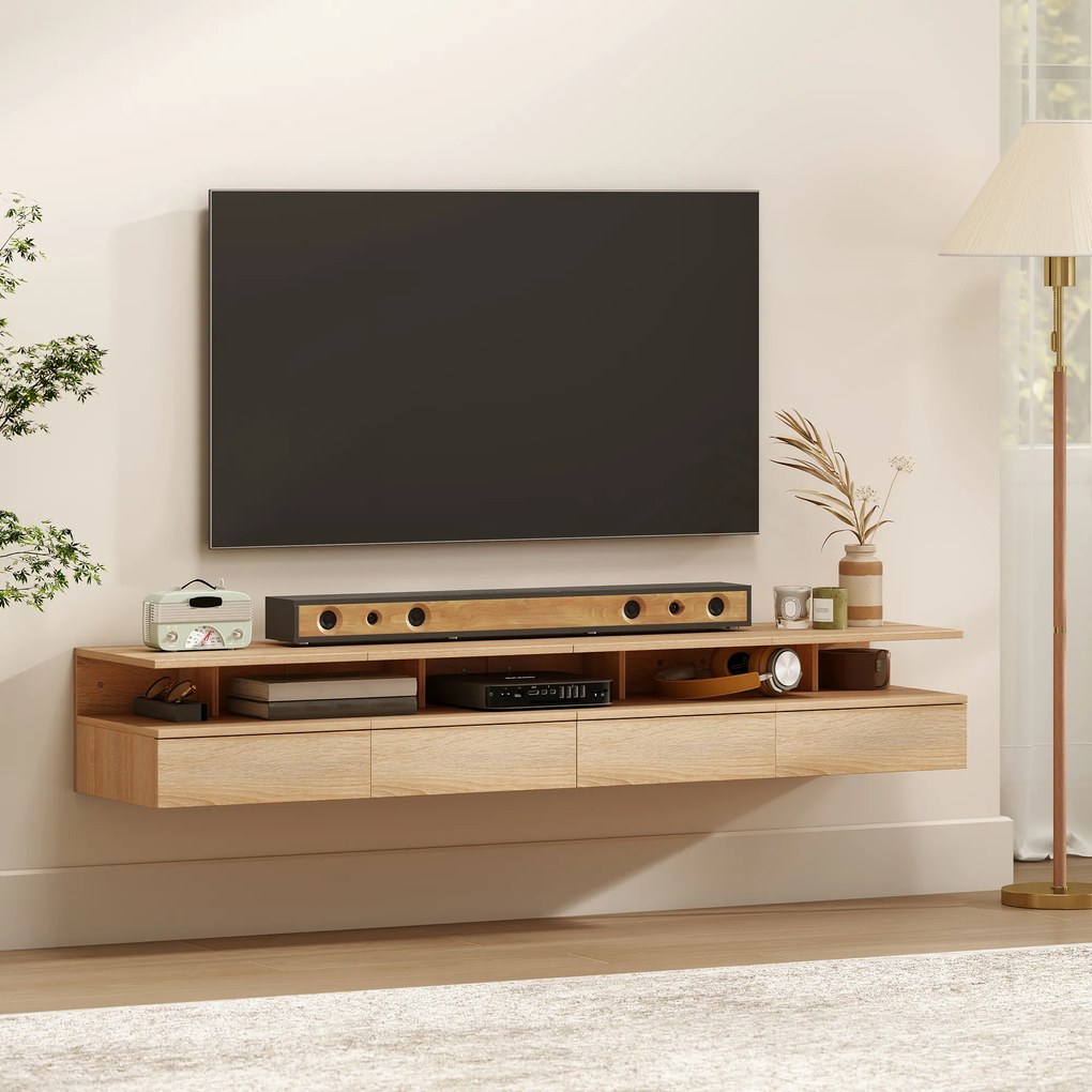 HOMCOM Set de 2 Noptiere Suspendate pe Perete cu Sertar, Stejar | Aosom Romania