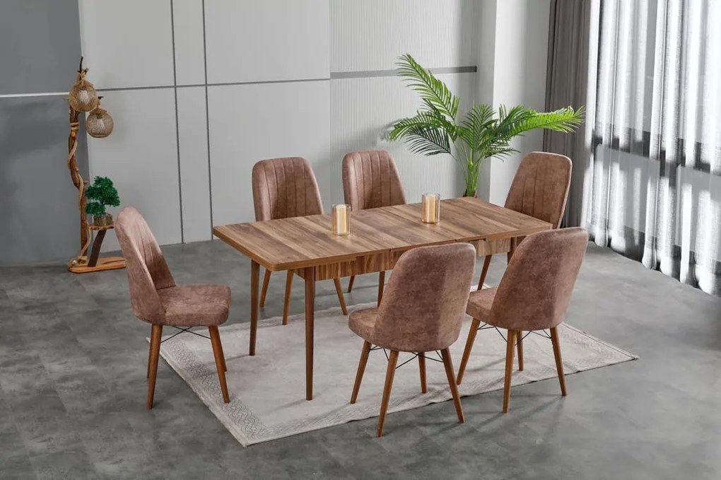 Set masa extensibila din MDF HouseXL® Wooden Luxury cu 6 scaune moi captusite , 80X130 pliata, 80X170 extinsa, pentru living si bucatarie, Nuc Natur