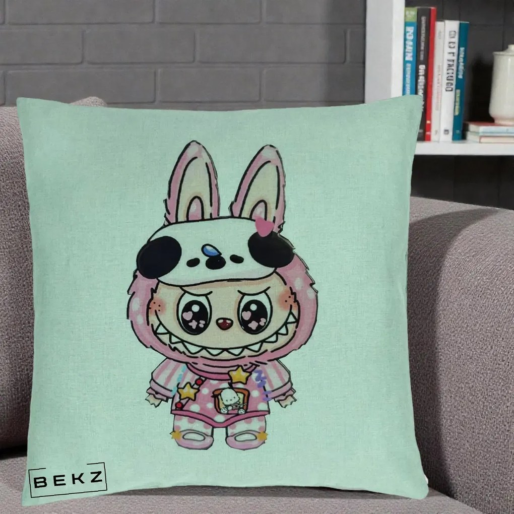 Perna Personalizata Labubu Panda-Bunny Roz, 40x40 cm, Verde Menta, Husa Detasabila, Perna Inclusa, BEKZ®