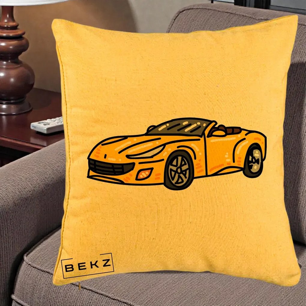 Perna Personalizata Masina Cabriolet Galbena Grafic, 40x40 cm, Galben, Husa Detasabila, Perna Inclusa, BEKZ®
