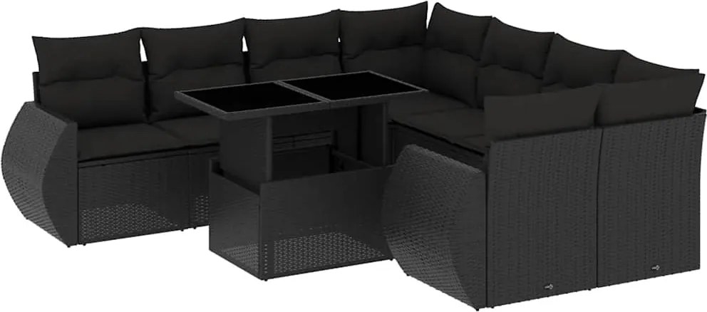 vidaXL Set mobilier de grădină cu perne, 9 piese, negru, poliratan