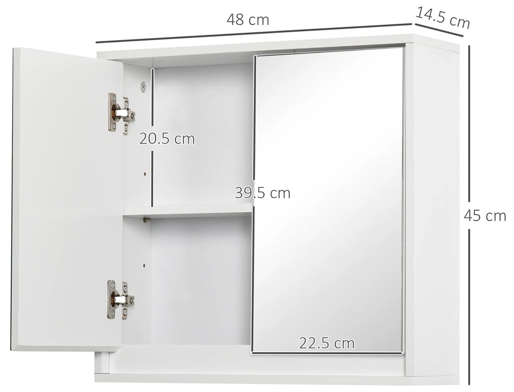 HOMCOM Dulap de baie cu 2 usi, oglinda baie dulap cu raft reglabil din lemn MDF 48x14.5x45cm alb