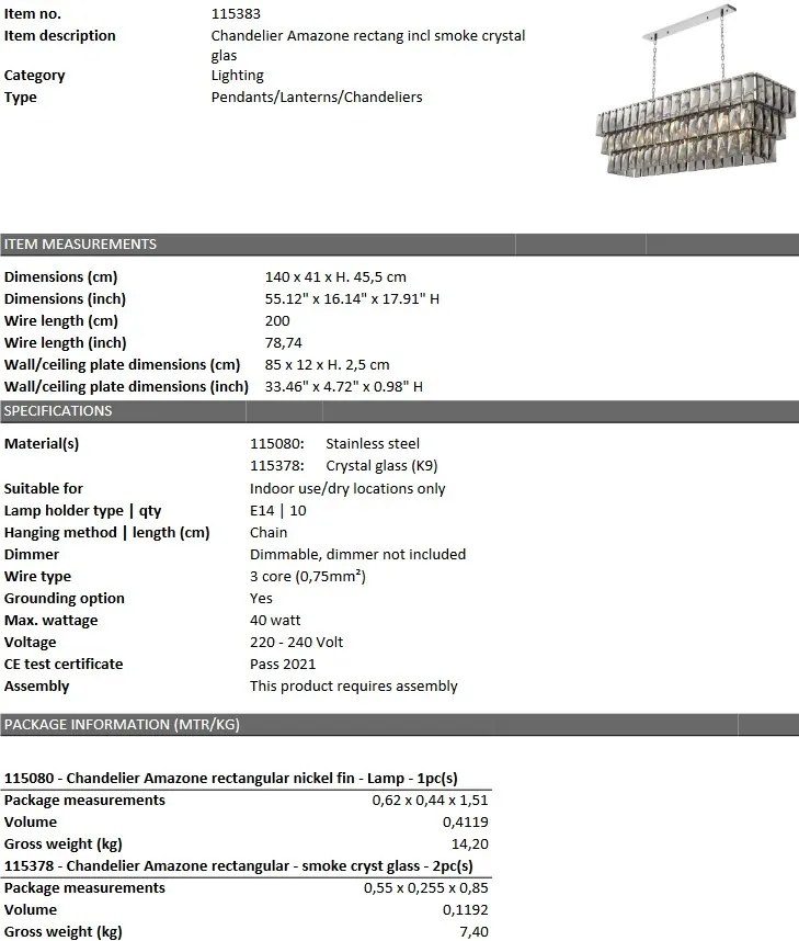 Lustra suspendata design LUX Amazone Rectangular, nickel/ sticla fumurie 115383 HZ