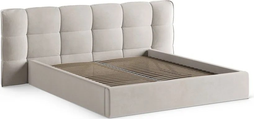 Pat matrimonial bej tapițat cu spațiu de depozitare cu somieră 200x200 cm Eric – Micadoni