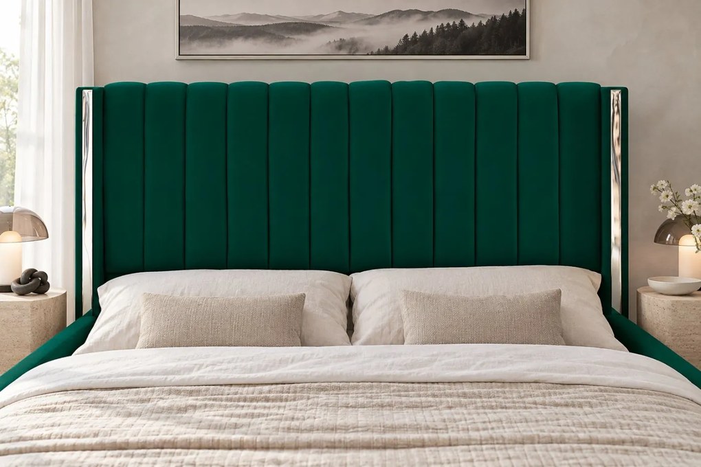 Pat tapițat din catifea Aurelia 120×200 cm, verde, detalii argintii, cu ladă de depozitare