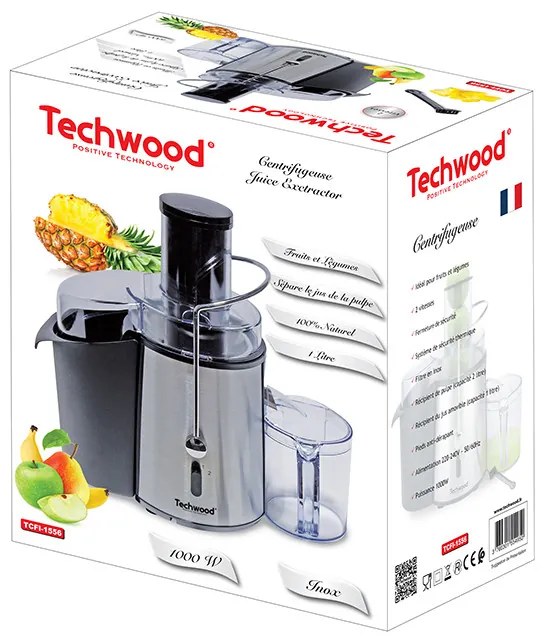 Storcator electric de fructe si legume Techwood TCFI-1556, 1000 W, 2 viteze, 1 L, Filtru din otel, Negru/Inox
