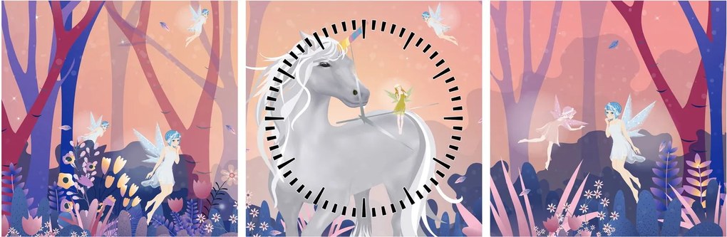 Tablou - Unicorn în pădurea fermecată (cu ceas) (90x30 cm)