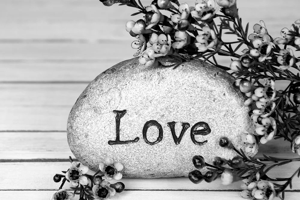 Tablou cu inscripție pe piatră Love în design alb-negru