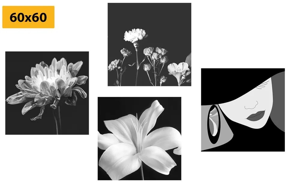 Set tablouri eleganța femeii și a florilor în design alb-negru