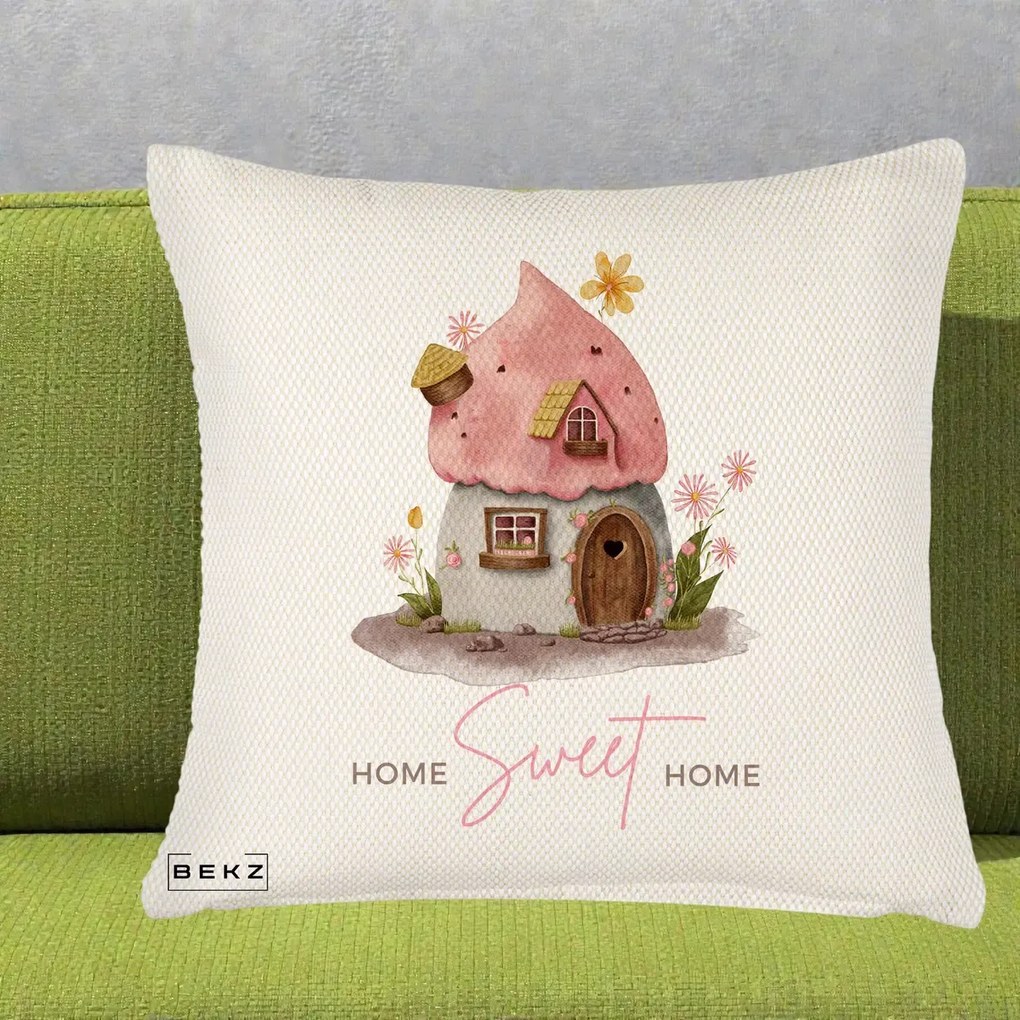 Perna Decorativa Home Sweet Home Casuta, 40x40 cm, Crem Reliefat, Husa Detasabila, Perna Inclusa, BEKZ®