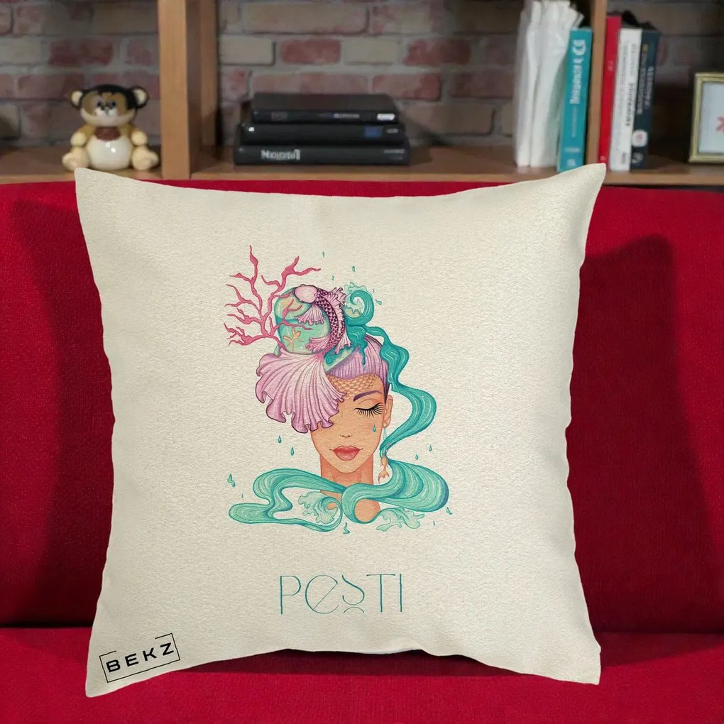 Perna Personalizata Zodiac Pesti Cowgirl, 40x40 cm, Ecru, Husa Detasabila, Perna Inclusa, BEKZ®