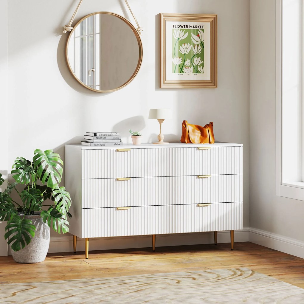 HOMCOM Comodă 6 sertare comodă cameră mobilier de depozitare modernă cu mânere și picioare aurii, 120 x 40 x 76,5 cm, alb | Aosom Romania