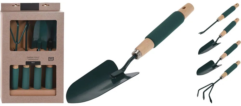 Set 4 unelte gradina, 23.5x5.5x42 cm, corp otel, maner din lemn cu spuma, negru/natur/verde