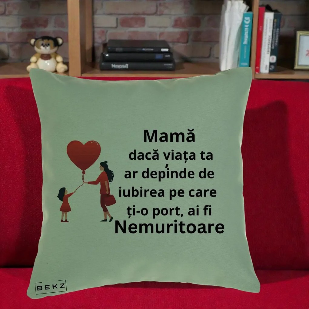 Cadou pentru Mama - Perna Personalizata Mama Nemuritoare cu Bebelus Kawaii, 40x40 cm, Verde, Husa Detasabila, Perna Inclusa, BEKZ®