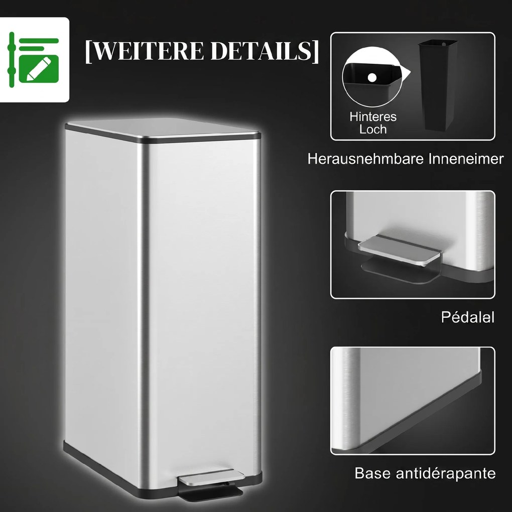 HOMCOM Coș de Gunoi de 20L Antiamprentă cu Închidere Lentă și Găleată Detașabilă, Coș cu Pedală, pentru Bucătărie, Living, Birou și Studiu, 21.5x37.2x57 cm, Argintiu | Aosom Romania
