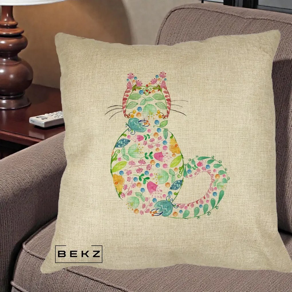 Perna Decorativa Pisica Florala Acuarela, 40x40 cm, Crem, Husa Detasabila, Perna Inclusa, BEKZ®