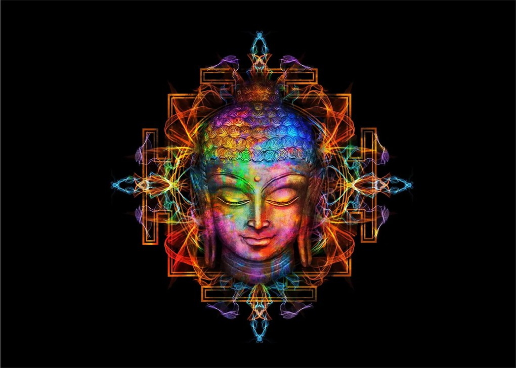 Tablou pe sticlă - Bustul lui Buddha în culori neon (70x50 cm)