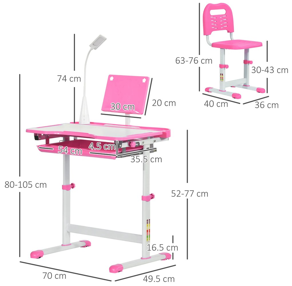 HOMCOM Bancă de Școală cu Scaun pentru Copii 6-12 Ani, Înălțime Ajustabilă, cu Lampă LED, Roz | Aosom Romania