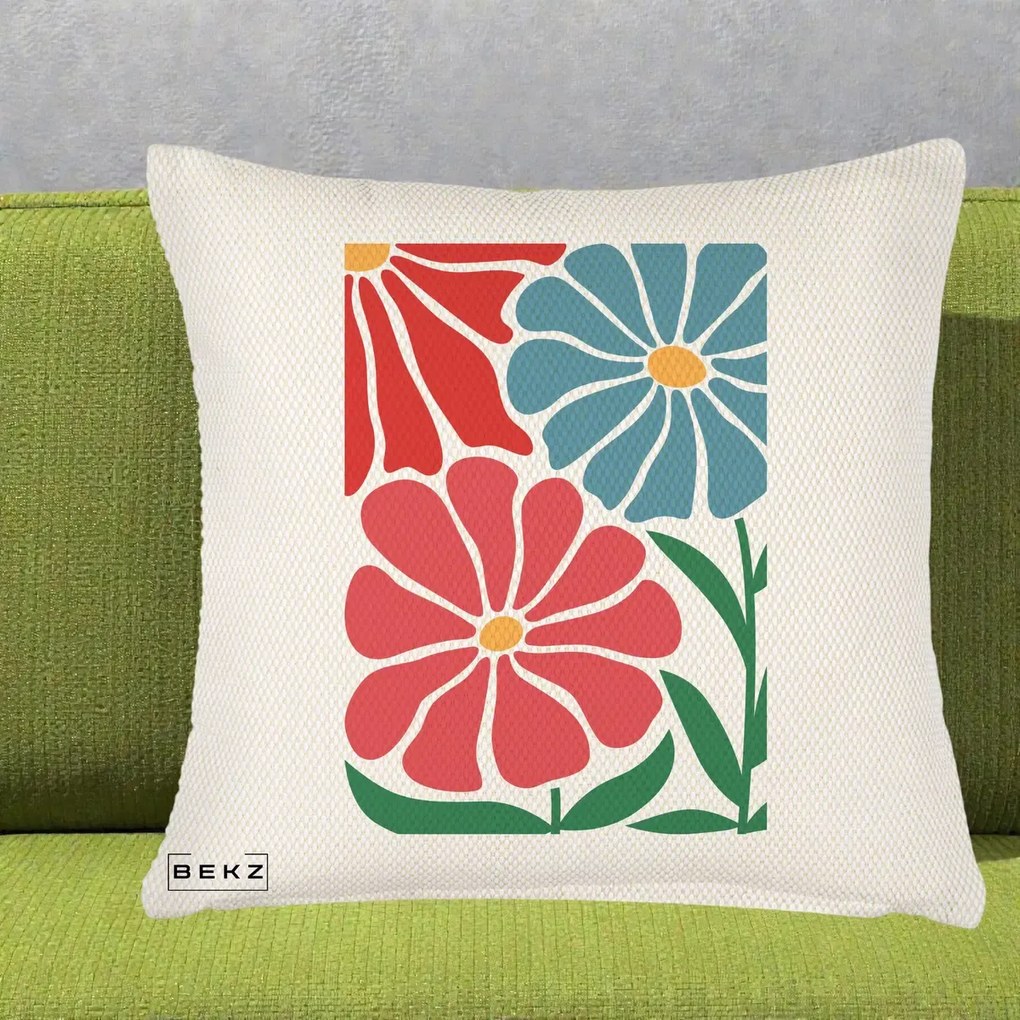 Perna Decorativa Flori Grafice Rosu-Albastru, 40x40 cm, Crem Reliefat, Husa Detasabila, Perna Inclusa, BEKZ®
