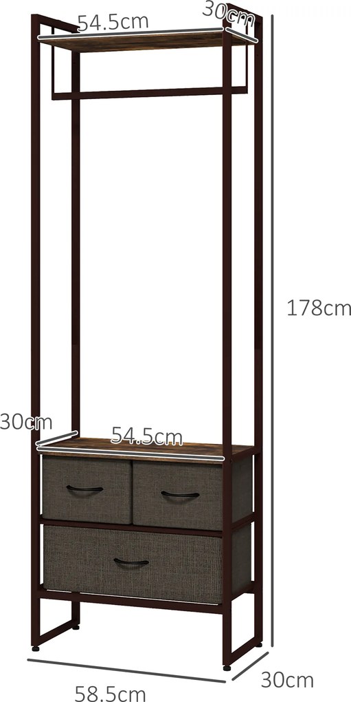 HOMCOM Bara pentru Haine Independenta cu 3 Sertare din Panza si Rafturi de Depozitare, Raft de Imbracaminte, Maro Rustic | Aosom Romania