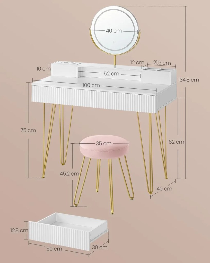 Masuta machiaj cu Oglinda LED si 2 Sertare pentru Cosmetice, Set Masa toaleta 80 cm sau 100 cm, Alb, masuta cosmetica, vanity - SEA801