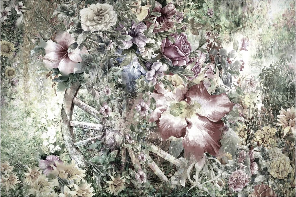 Tablou - Flori pe roata de lemn (90x60 cm)