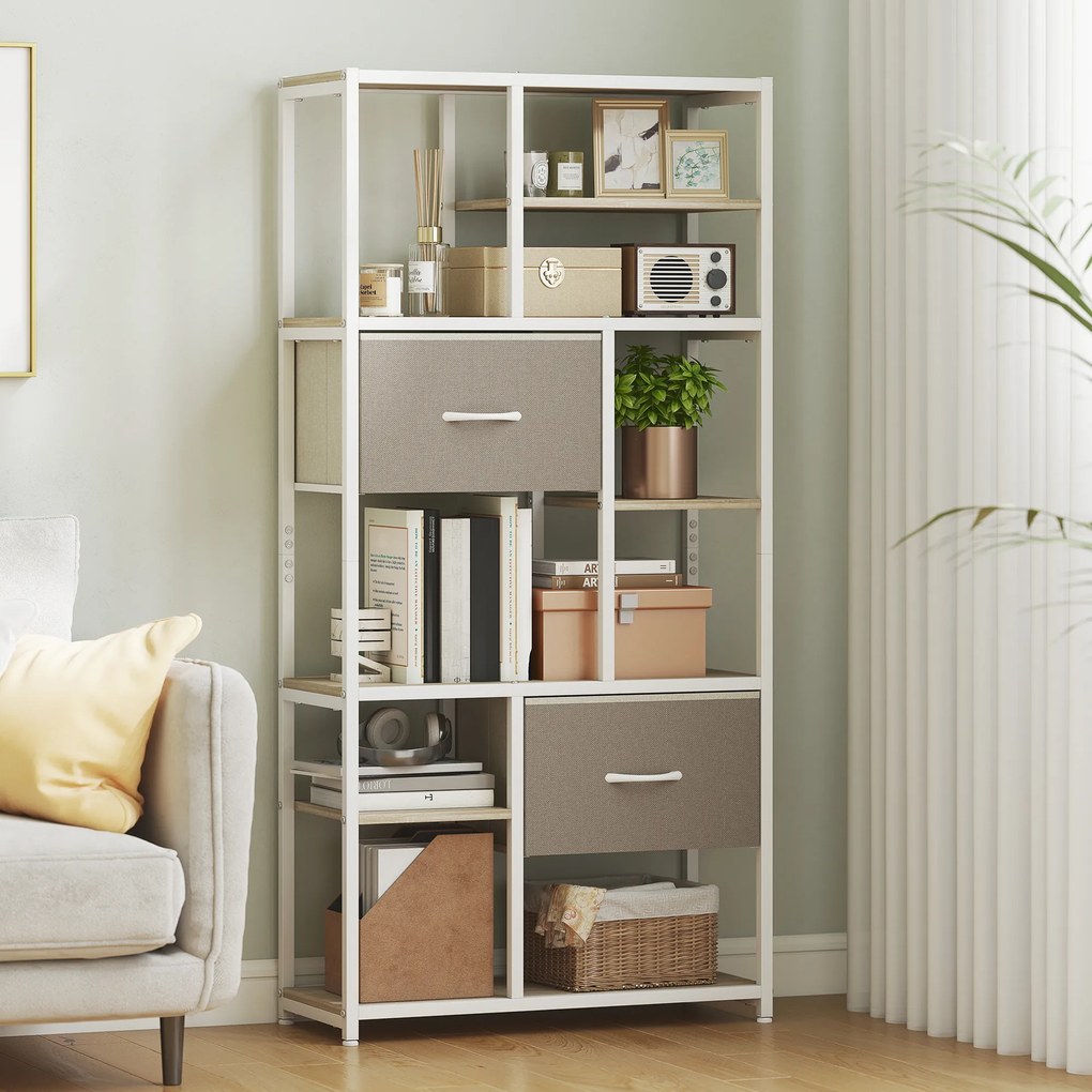 HOMCOM Etajeră de depozitare 6 niveluri, bibliotecă cu 2 sertare din țesătură, 9 rafturi deschise, 72,5 x 30 x 150 cm, alb | Aosom Romania