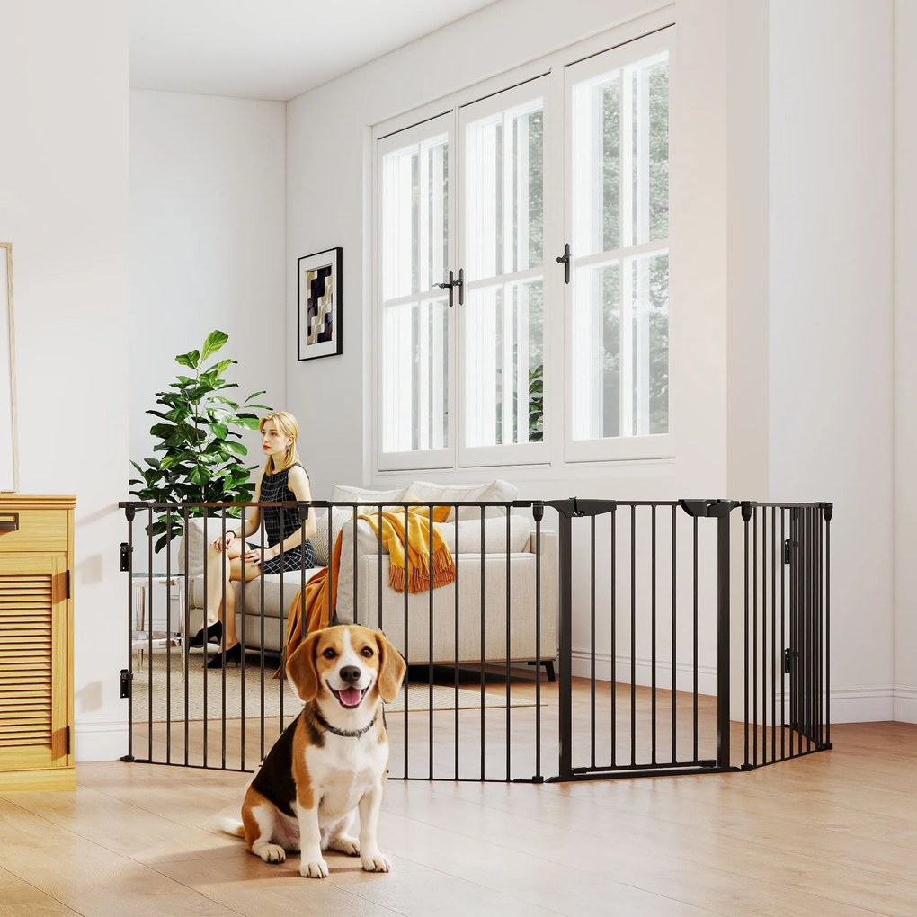 PawHut Poartă pentru Câini de Talie Mică și Medie, Țarc Pliabil cu Structură Modulară cu 5 Panouri, 300x3x74.5 cm, Negru | Aosom Romania