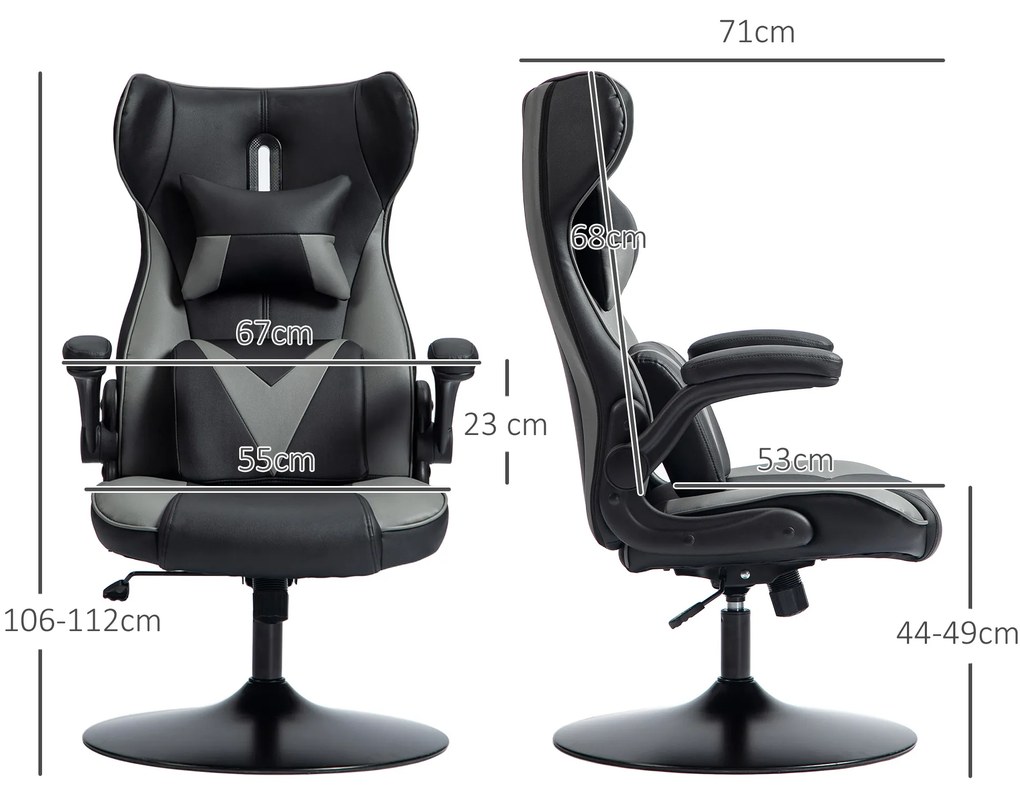 Vinsetto Scaun de gaming cu funcție de leagăn, scaun rotativ, reglabil pe înălțime, scaun tapițat, metal, 67 x 71 x 112 cm, Gri | Aosom Romania